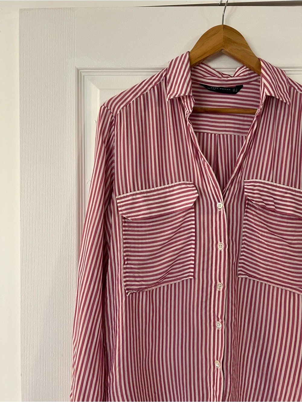 Zara Red and White Striped Button-Down Blouse - Picture 3 of 6